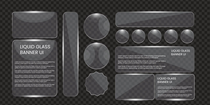 Liquid glass banner ui kit with various shapes and text placeholders on dark transparent grid background