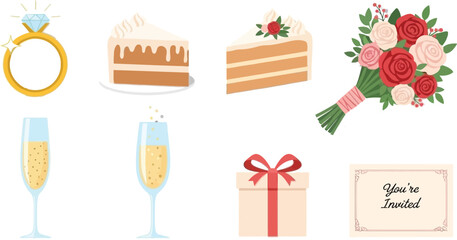 Set of 6 Wedding accessories flat vector wedding ring cake slice bridal bouquet champagne glass and invitation card