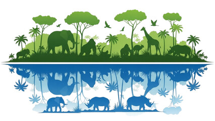 Mirrored Jungle Wildlife Silhouette Illustration in Green and Blue Minimalist Style © Narmada