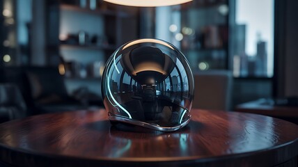 Reflective Modern Helmet with Blue Glow on Wooden Table in Stylish Interior