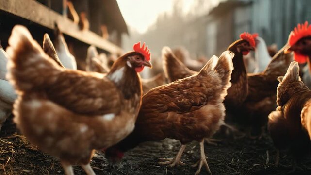 Brown chickens standing on dirt ground in a farm yard with sunlight