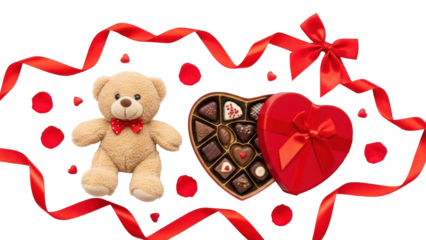 Valentine's day gift set with teddy bear and heart-shaped chocolate box