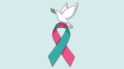 A white dove with olive branch flies over pink and teal awareness ribbon on light blue background