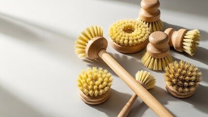 Collection of natural wooden body massage brushes with bristles on white surface, spa and wellness dry brushing tools