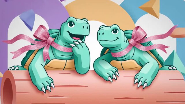 Delightful Turtle Duo In Cartoon Style With Playful Geometric Shapes For Children's Content
