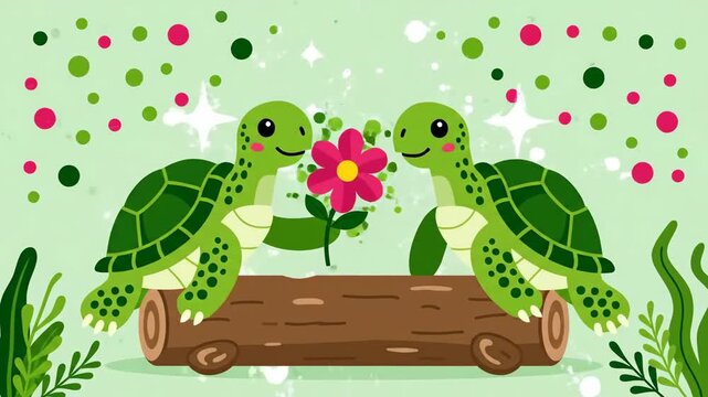 Delightful Turtle Romance Animated Pattern Featuring Cute Flower And Wood Log Elements