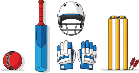 Set of 5 Cricket equipment flat illustration cricket bat ball wicket stumps helmet and batting gloves