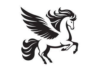 Obraz premium pegasus logo silhouette vector, horse with wings logo design icon vector illustration, magical fantasy horse vector silhouette, pegasus fly horse logo vector silhouette on white background