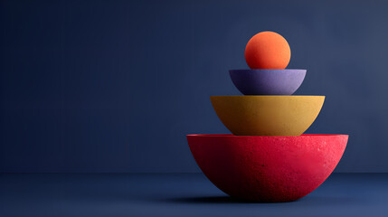 Stacking colorful geometric shapes balancing on deep blue background