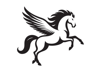Fototapeta premium pegasus logo silhouette vector, horse with wings logo design icon vector illustration, magical fantasy horse vector silhouette, pegasus fly horse logo vector silhouette on white background