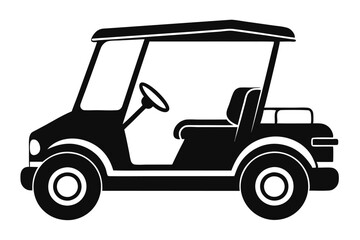 Minimalist black and white golf cart silhouette, side profile of a professional electric golf buggy isolated on a white background for sports branding.