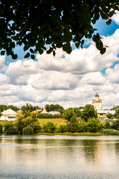 Beautiful view of Pasarea Monastery (Pustnicu Monastery) historical church architecture in the forest near Bucharest