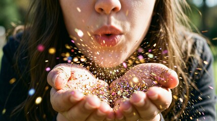 Young caucasian female blowing colorful confetti in outdoor setting