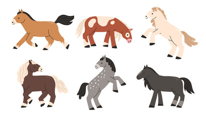Set of cute horses in a flat cartoon style isolated on a white background.