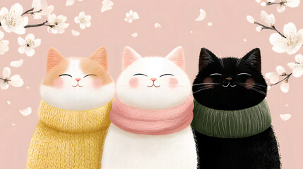 Three cute happy cats wearing sweaters