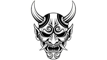Intricate black and white Oni mask illustration with ornate patterns and fierce expression.