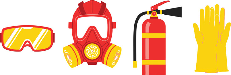 Set of 4 Laboratory Safety items safety goggles hazmat mask fire extinguisher and rubber gloves