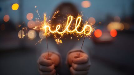 Person holding sparklers spelling hello at dusk