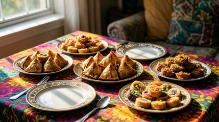 Assorted indian snacks on a colorful tablecloth in sunlit room