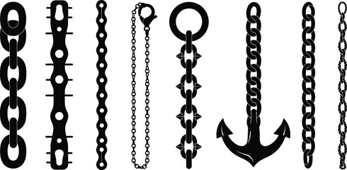 Set of 6 Chain types silhouette metal link chain bicycle chain jewelry chain and anchor chain segments