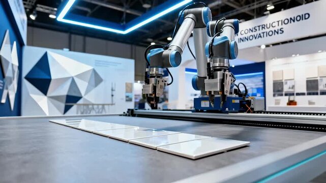 Detailed medium shot of a robotic system performing repetitive tile placement in an exhibition center illustrating modern innovation in construction workflows.