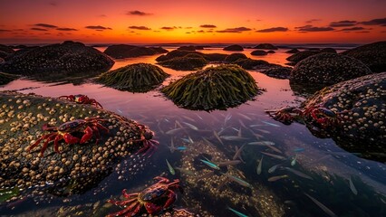 Serene sunset over rocky shoreline
