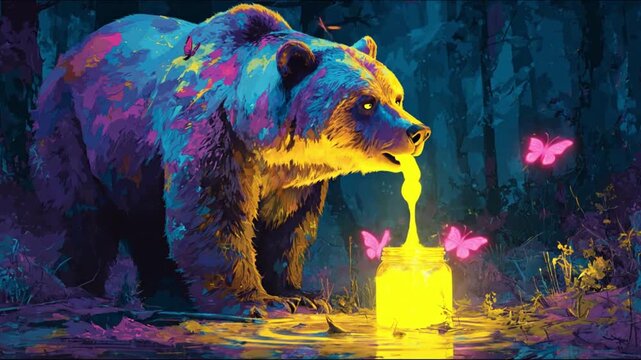 A neon-hued bear prowls a moonlit forest toward a glowing cube lantern, surrounded by petals at dusk