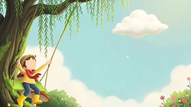 Cartoon Boy Swinging on Tree Swing in a Fantasy Forest