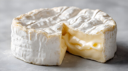 Creamy camembert style cheese with a cut slice