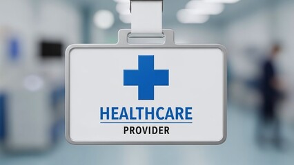 healthcare provider badge with blue cross for medical staff identification, hospital security access cards, clinic personnel branding, for blogs and healthcare websites, on blurred bokeh background