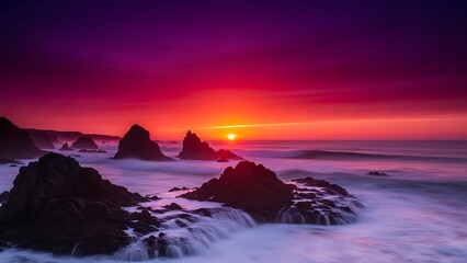 Vibrant sunset over rocky shoreline