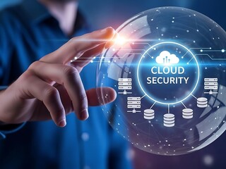 Hand touching a glowing virtual sphere displaying Cloud Security concept with server, database, and cloud icons, representing data protection in cloud computing.