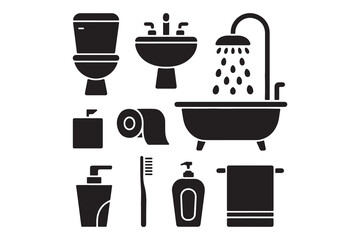 Essential Bathroom Items and Hygiene Product Silhouettes Icon Set