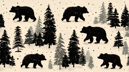 Black bear silhouettes walking through winter pine forest