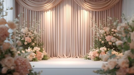 Elegant decorative event stage with soft drapes, floral accents, and warm lighting background