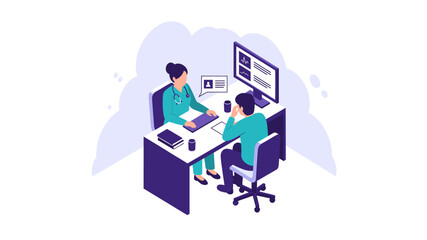 A professional female doctor consults with a male patient in an isometric office setting, discussing health and medical care.