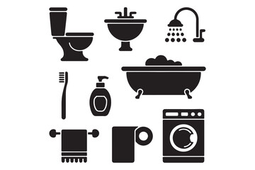 Essential Bathroom Items and Hygiene Product Silhouettes Icon Set
