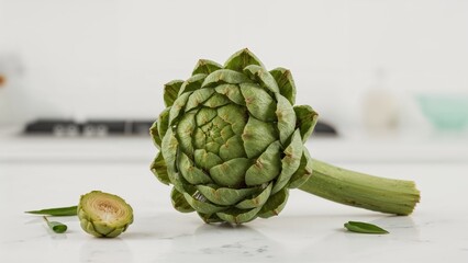 Obraz premium Fresh artichoke with stalk, cut in half, on white kitchen countertop. Healthy vegetables, cooking ingredients, and food preparation.