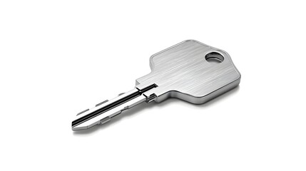 Single metallic key isolated on white background symbolizing access, security, and solution concepts