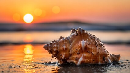 Serene sunset with a seashell on the beach