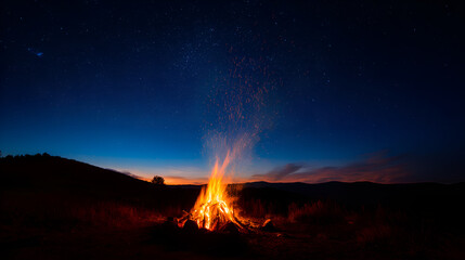Campfire burning brightly under dark starry night sky