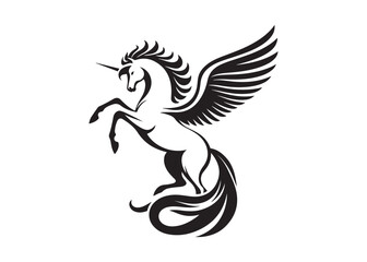 Obraz premium pegasus logo silhouette vector, horse with wings logo design icon vector illustration, magical fantasy horse vector silhouette, pegasus fly horse logo vector silhouette on white background