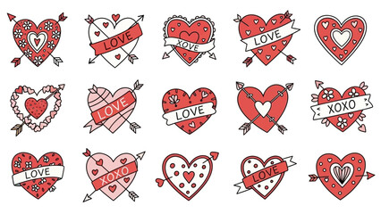 Valentine's Day heart illustrations with love and XOXO messages