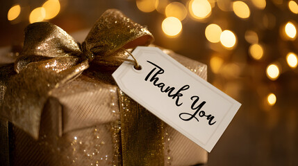 Golden gift box with thank you message tag