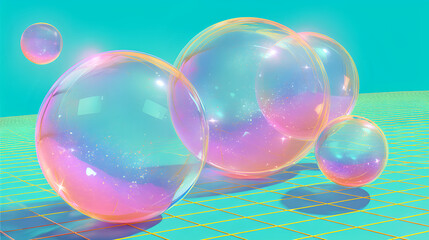 Iridescent bubbles floating on a retro grid platform