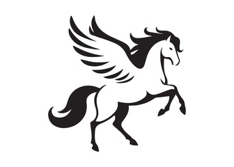 Fototapeta premium pegasus logo silhouette vector, horse with wings logo design icon vector illustration, magical fantasy horse vector silhouette, pegasus fly horse logo vector silhouette on white background