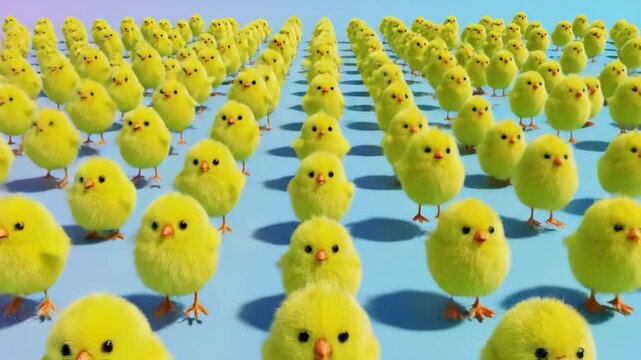 Cute 3D animation of many yellow baby chicks flapping their wings. A funny crowd of cartoon birds for an Easter holiday background