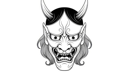 Demonic Mask Illustration with Horned Warrior Face in Monochrome Style.