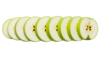 Sliced green apples arranged in a row isolated on transparent background