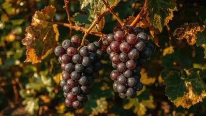 Grapes hanging from vine in a vineyard with green leaves and sunlight. Fruit and harvest, agriculture, and nature. The image of grape clusters on grapevine.